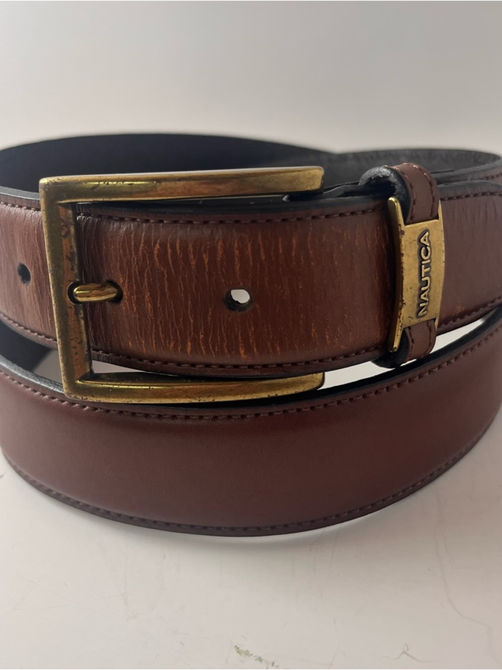 Nautica Leather Belt with Brass-Tone Buckle in Brown Sz 36